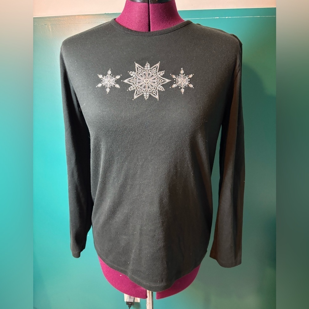M & C Sportswear Black Long Sleeve Top with Embroidered White Snowflake